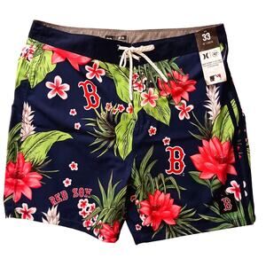 Hurley Swim Trunks MLB BOSTON RED SOXS Mens 33 BLUE Tropical Floral Board Shorts
